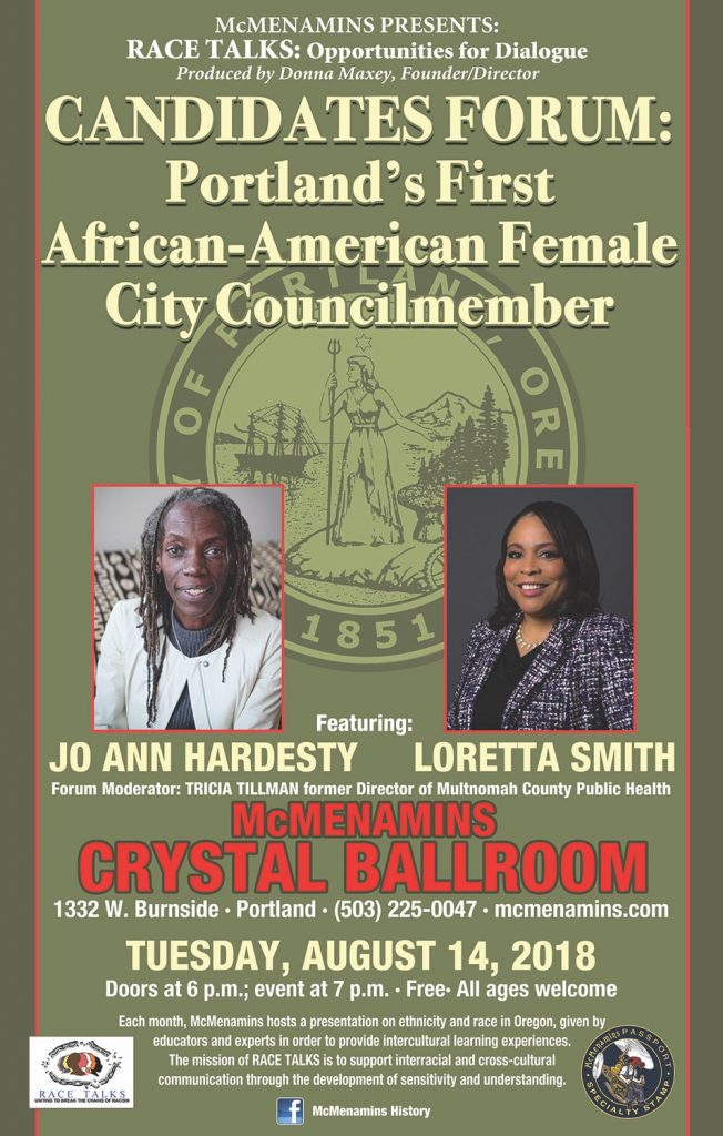 Event poster featuring Jo Ann Hardesty and Loretta Smith