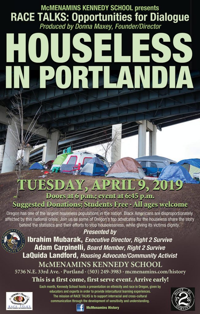 Event poster for RACE TALKS event Houseless in Portlandia